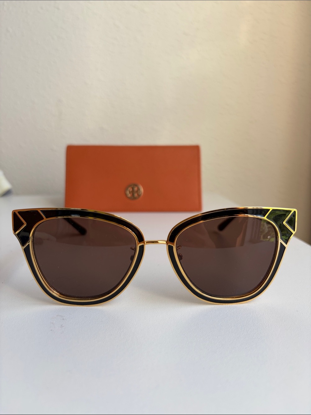 Tory Burch TY6061 Black and Gold Cat-Eye Sunglasses with Orange Case